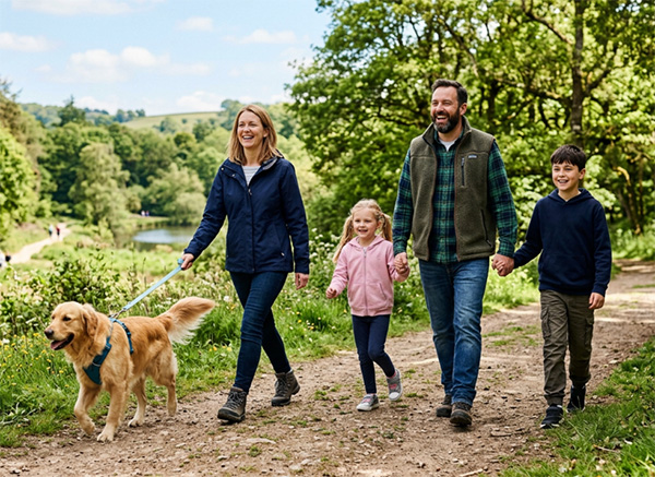 dog and family walking