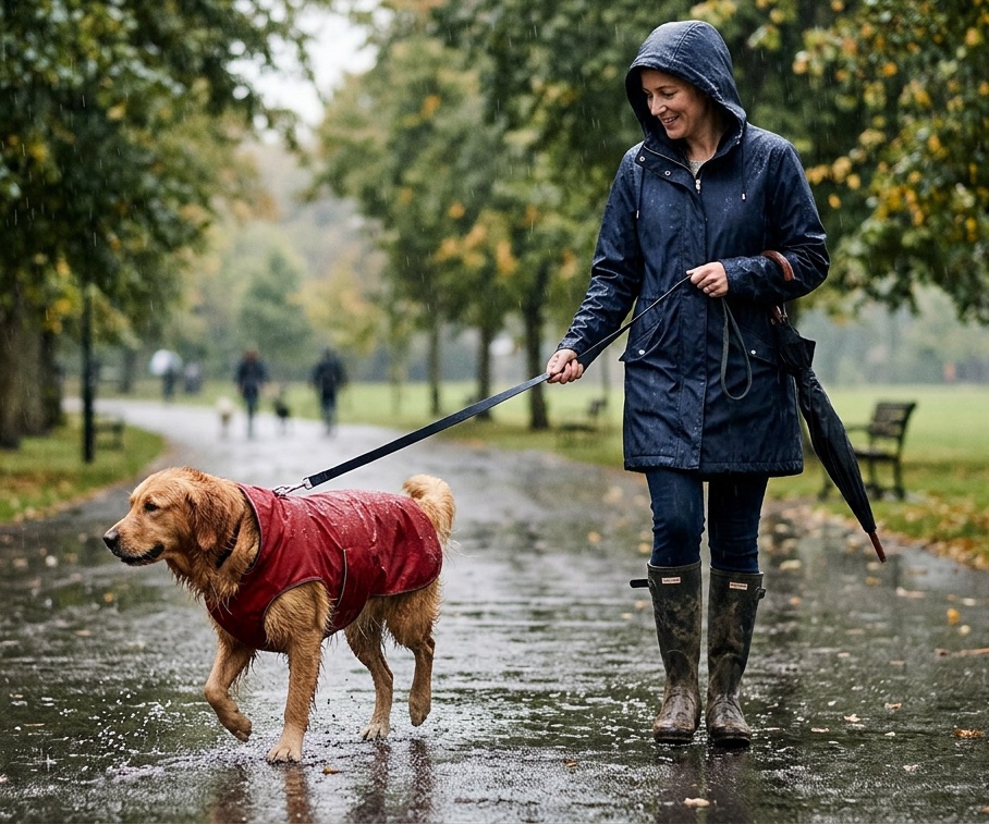 dog walk in the rain