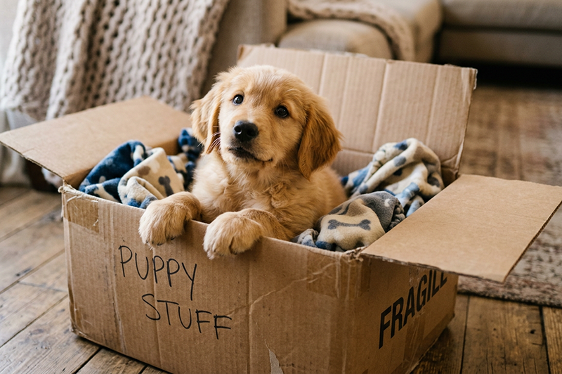 puppy in a box